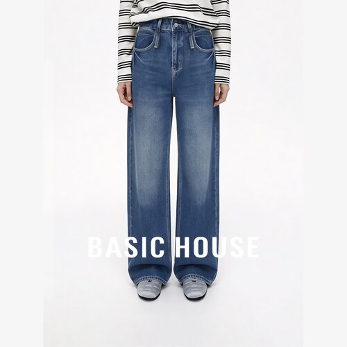 Basic House/百家好莱赛尔复古高腰阔腿牛仔裤女宽松显瘦百搭长裤