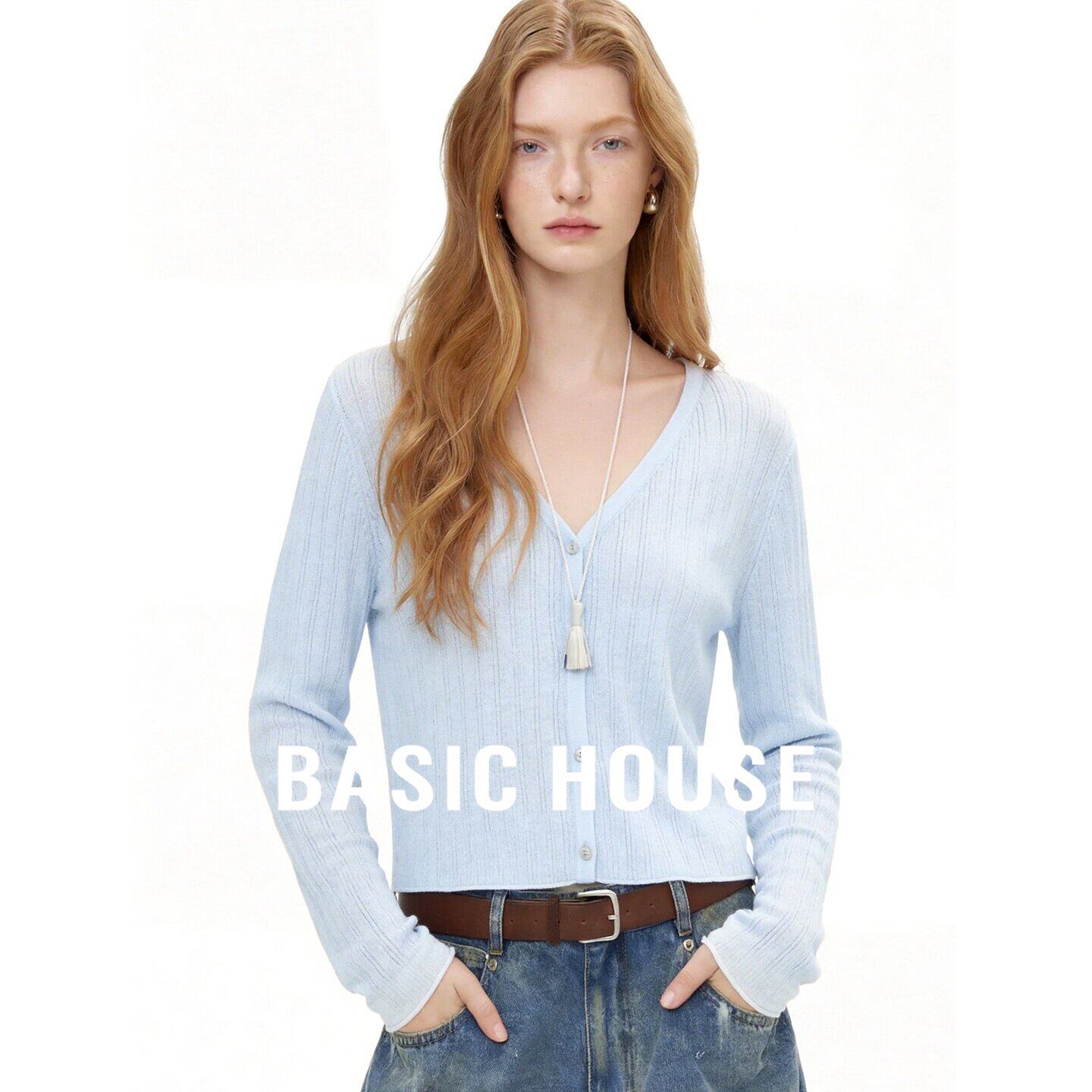 Basic House/百家好蓝色V领针织开衫长袖假两件薄款修身显瘦上衣