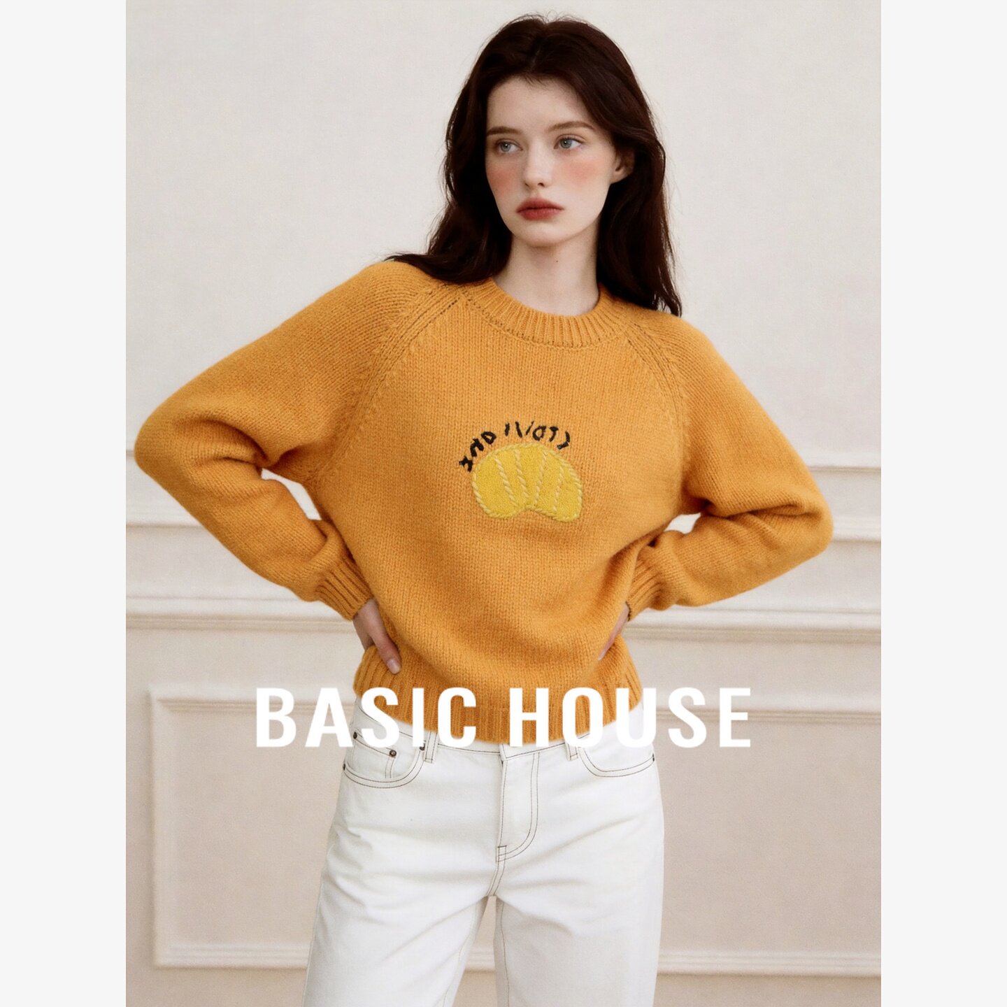 Basic House/百家好慵懒风刺绣毛衣女圆领套头宽松百搭减龄针织衫