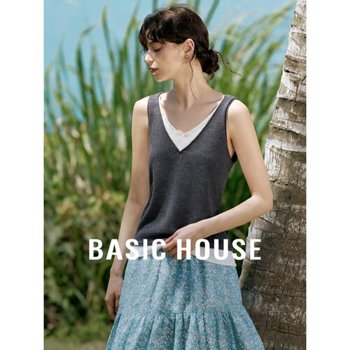 Basic House/百家好莱赛尔假两件V领背心女夏季灰色休闲亚麻上衣