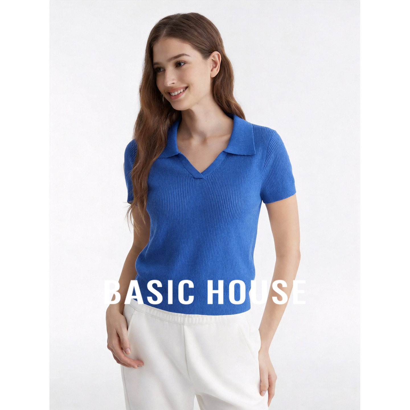 Basic House/百家好克莱因蓝色POLO领短袖针织衫女夏修身上衣