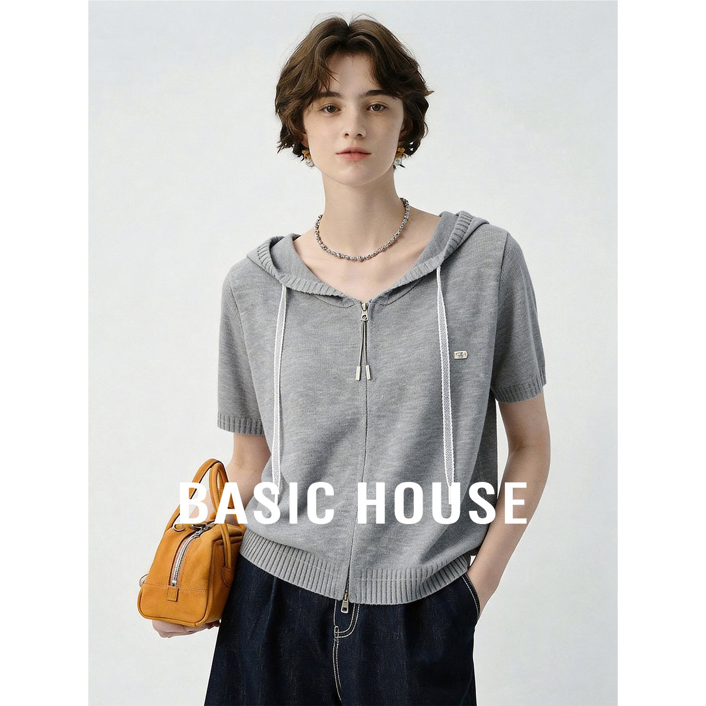 Basic House/百家好2026灰色连帽针织开衫女夏季新款百搭外搭上衣