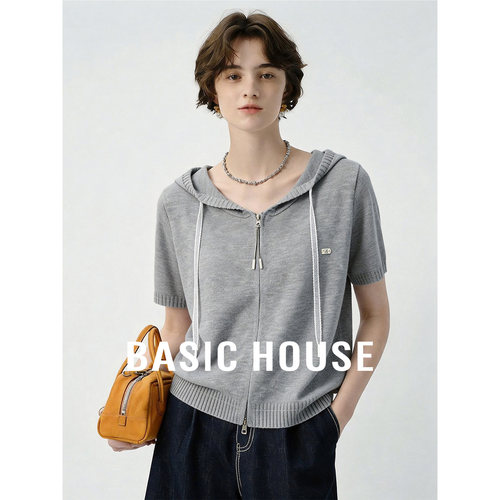 Basic House/百家好2026灰色连帽针织开衫女夏季新款百搭外搭上衣