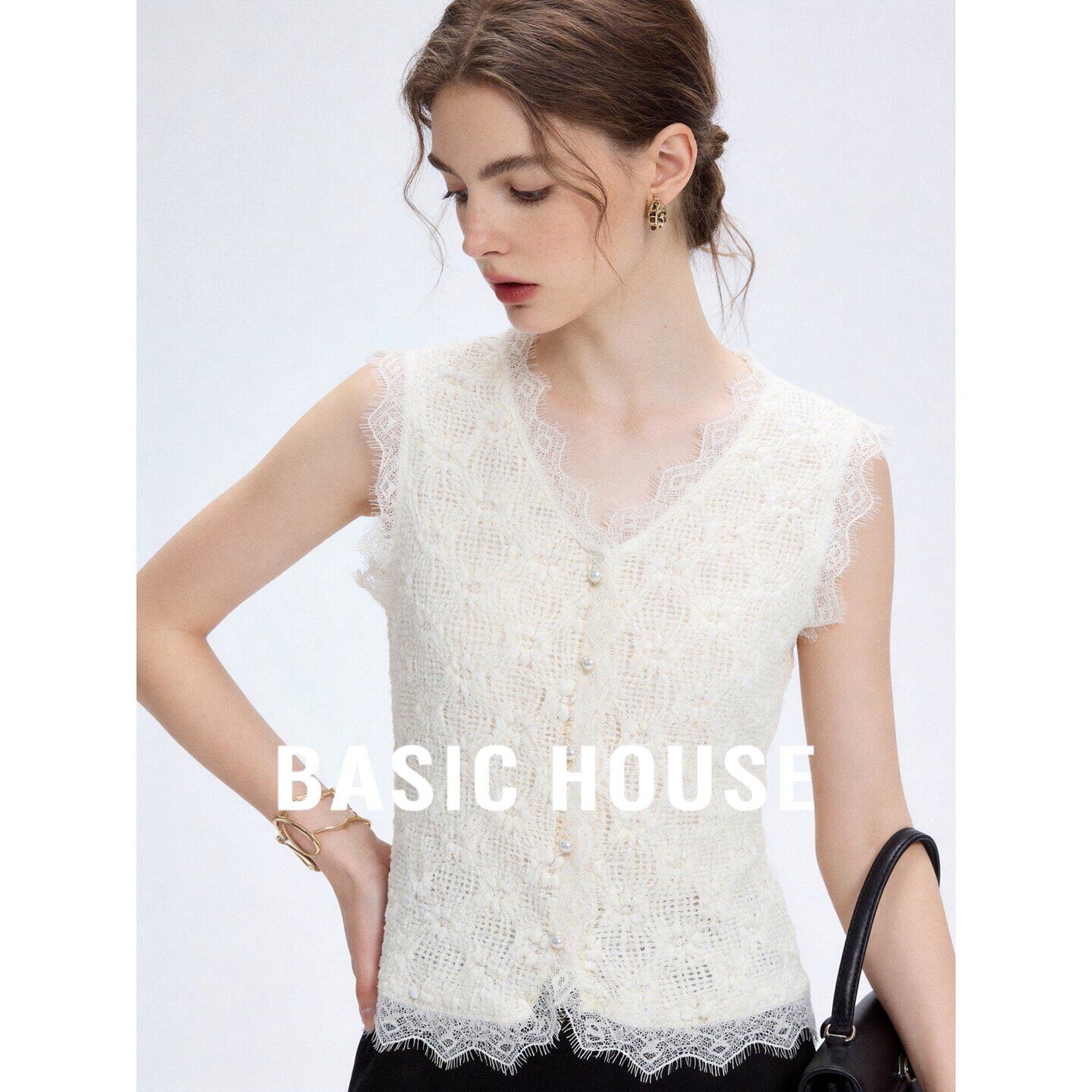 Basic House/百家好V领蕾丝设计感无袖衬衫女26夏季气质优雅上衣