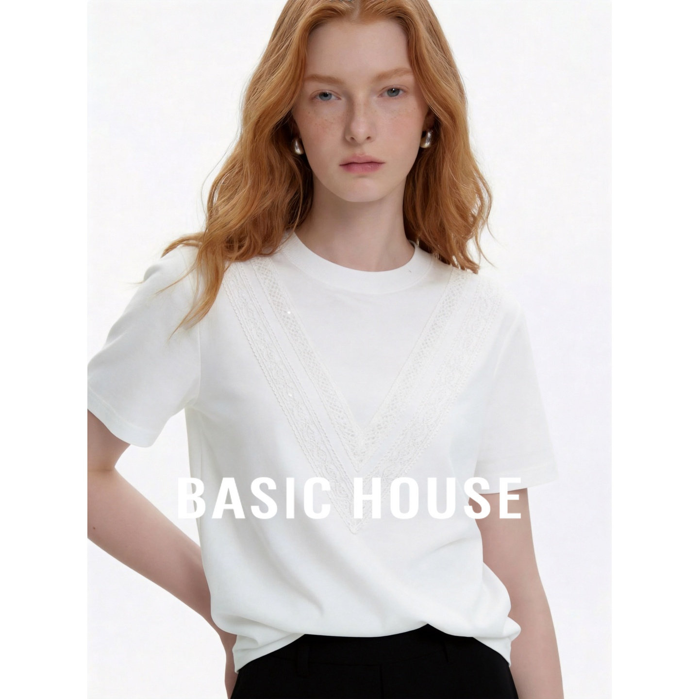 Basic House/百家好白色蕾丝V领短袖T恤女夏季简约基础款纯棉上衣