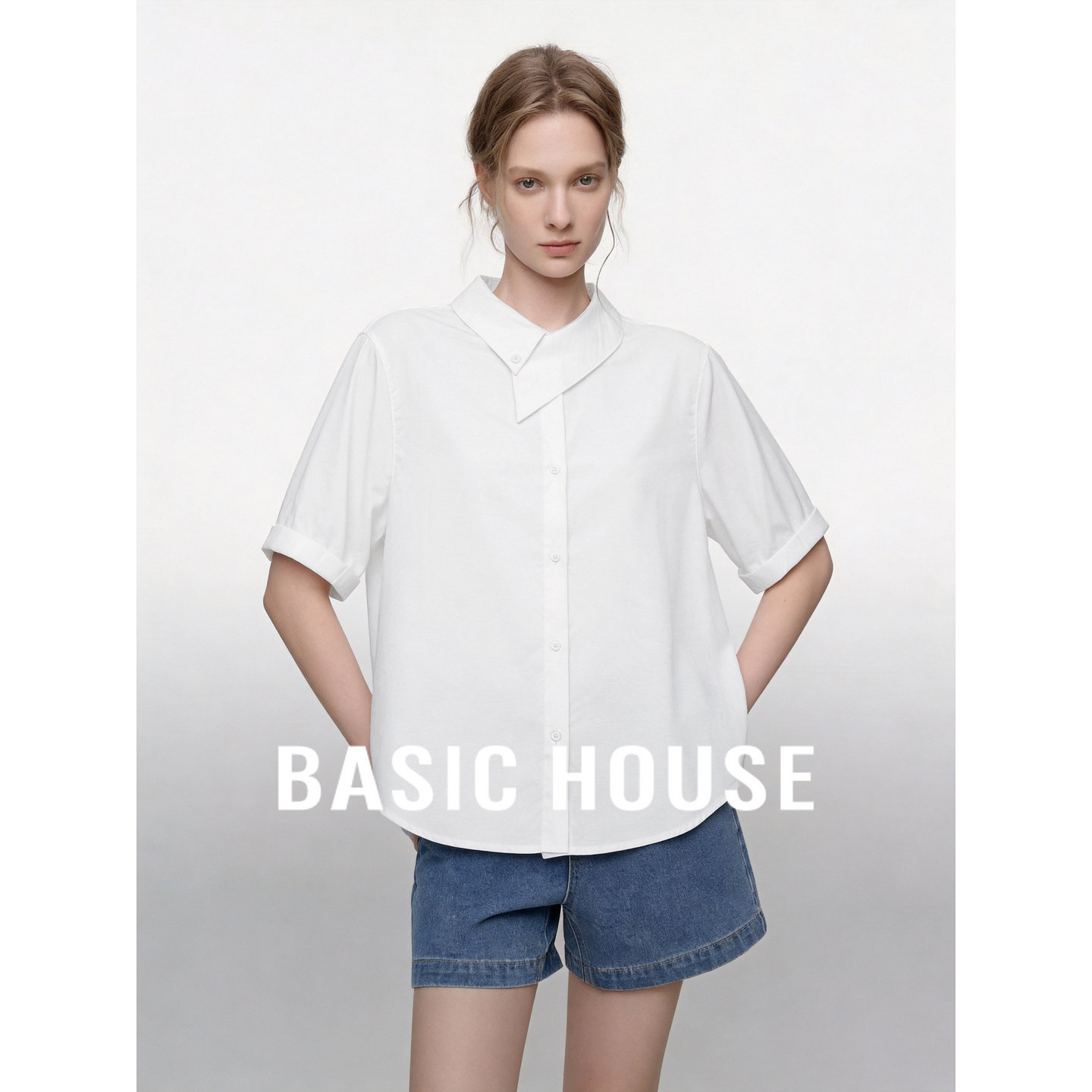 Basic House/百家好小众设计白色翻领短袖衬衫女宽松显瘦百搭上衣
