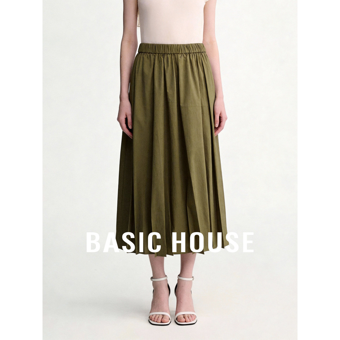 Basic House/百家好绿色松紧腰百褶半身裙女秋宽松休闲百搭A字裙