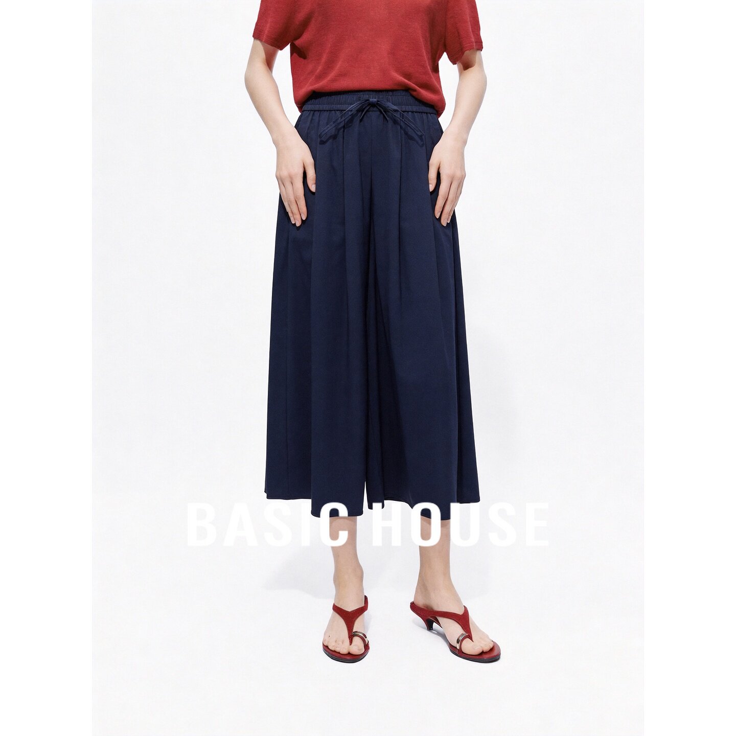 Basic House/百家好新款休闲裤女夏季藏青色松弛感显瘦裙裤慵懒风