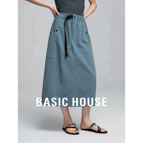 Basic House/百家好工装风A字半身裙女卡纯色宽松口袋开衩中长裙