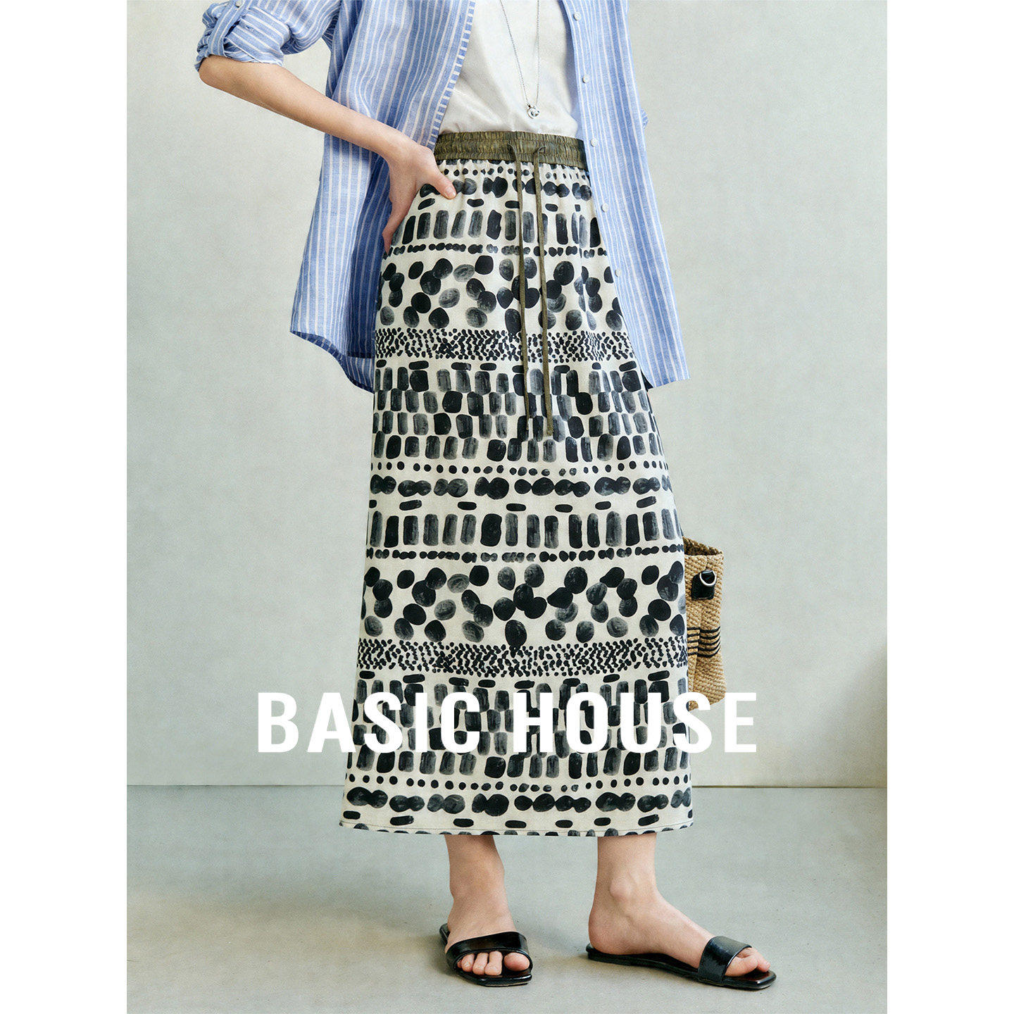 Basic House/百家好波点小众设计a字高腰半身裙女夏季新款中长裙