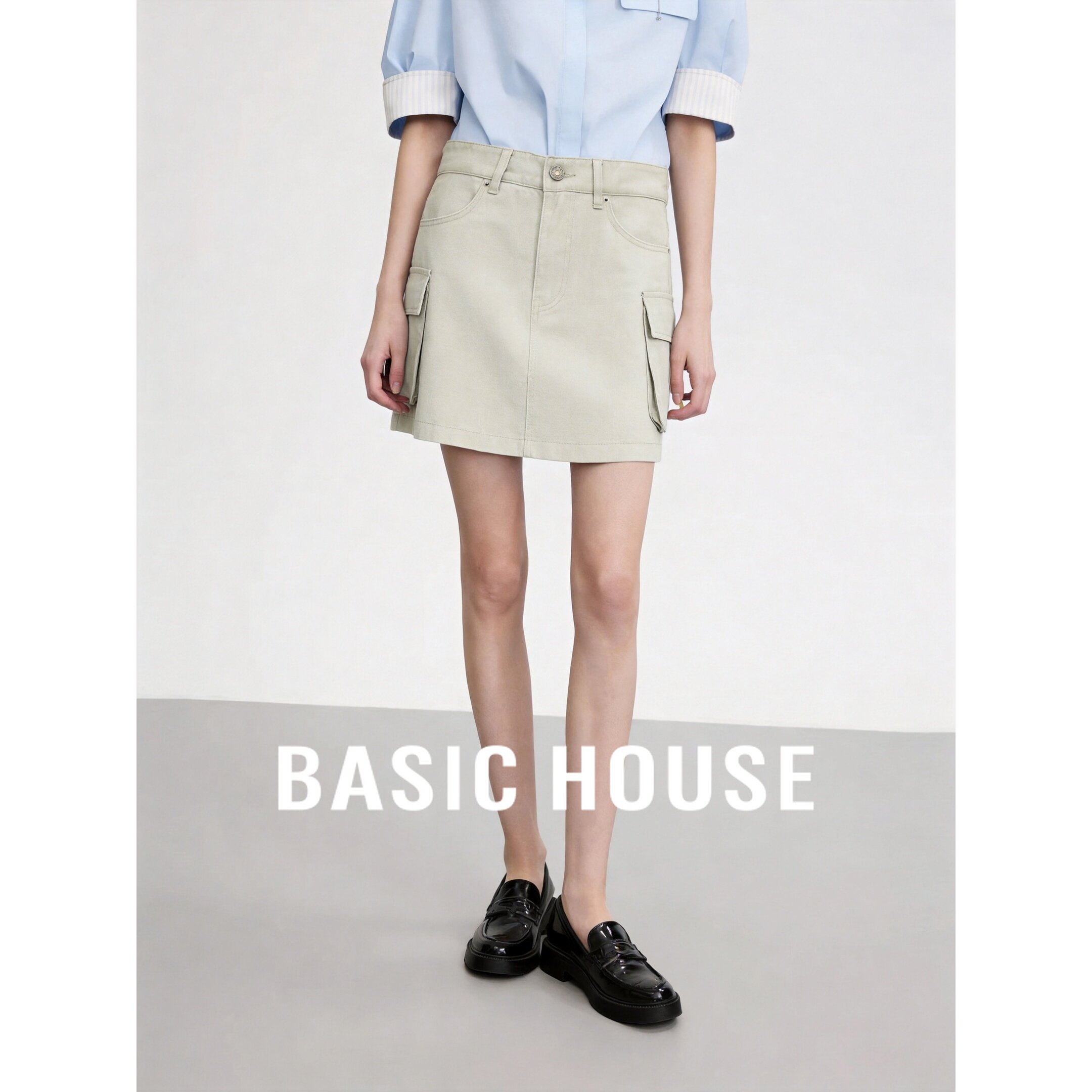 Basic House/百家好工装风高腰A字裙女多口袋小个子米灰色半身裙