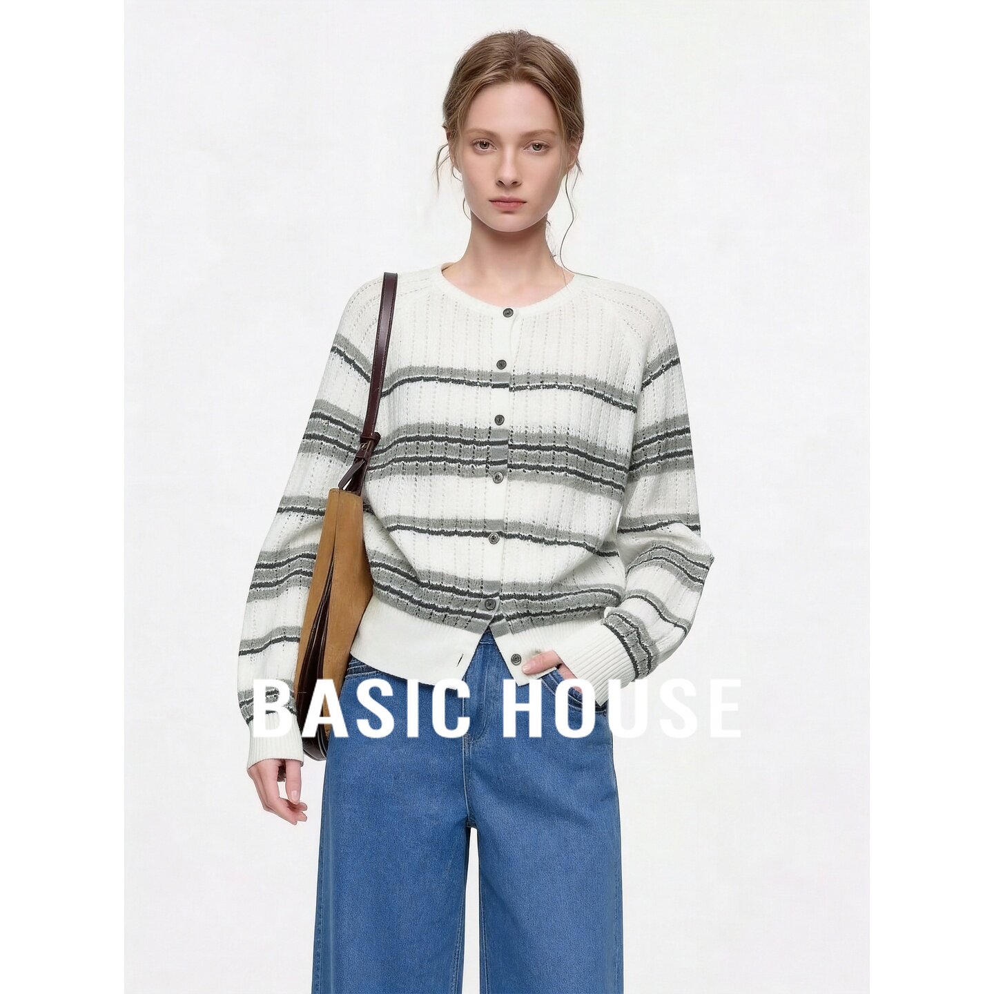 Basic House/百家好条纹圆领针织开衫女长袖宽松毛衣外套费尔岛风