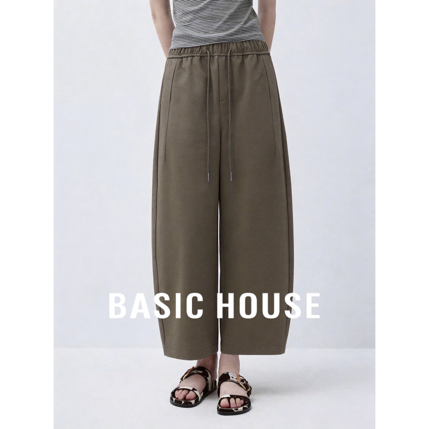 Basic House/百家好松紧腰抽绳阔腿裤女夏季九分裤休闲裤显瘦百搭