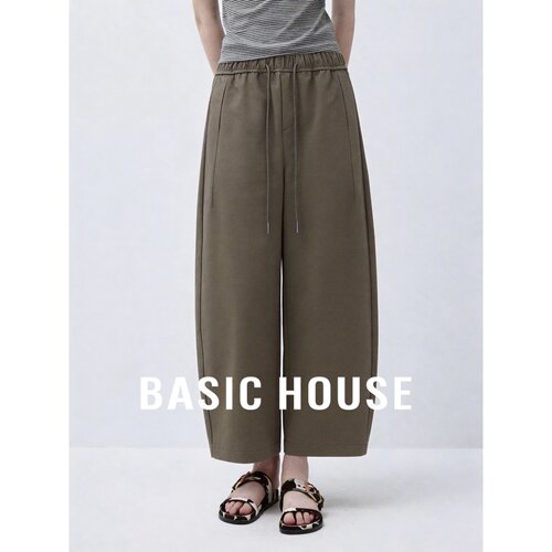 Basic House/百家好松紧腰抽绳阔腿裤女夏季九分裤休闲裤显瘦百搭