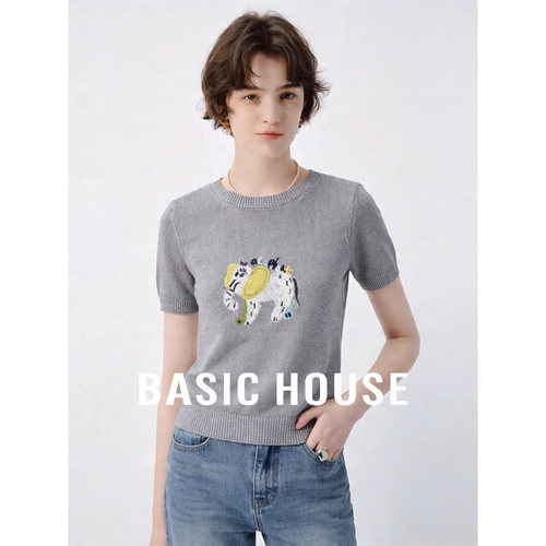 Basic House/百家好莱赛尔薄款圆领上衣女夏季百搭刺绣短袖针织衫