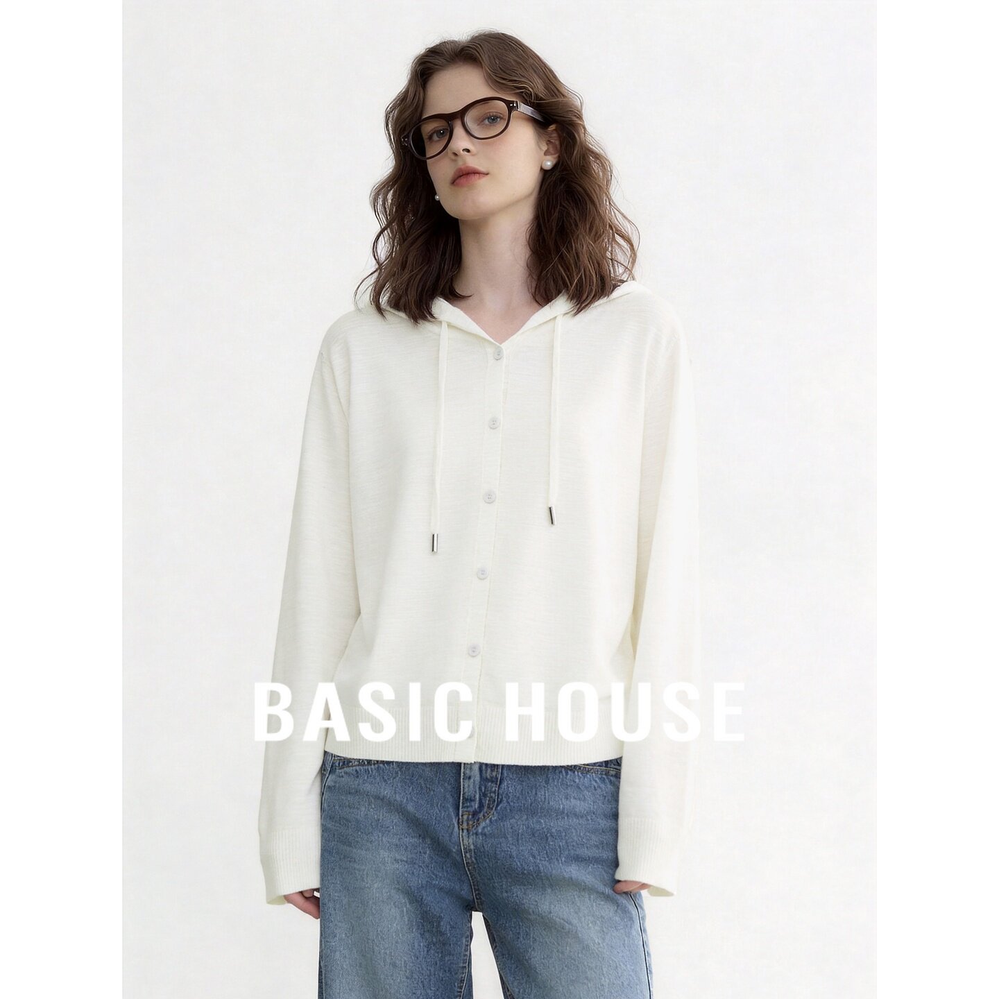 Basic House/百家好连帽针织开衫女26夏季薄款米白色长袖外搭上衣