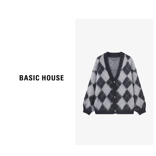Basic House/百家好26宽松慵懒风菱格毛衣开衫女秋冬加厚保暖外套