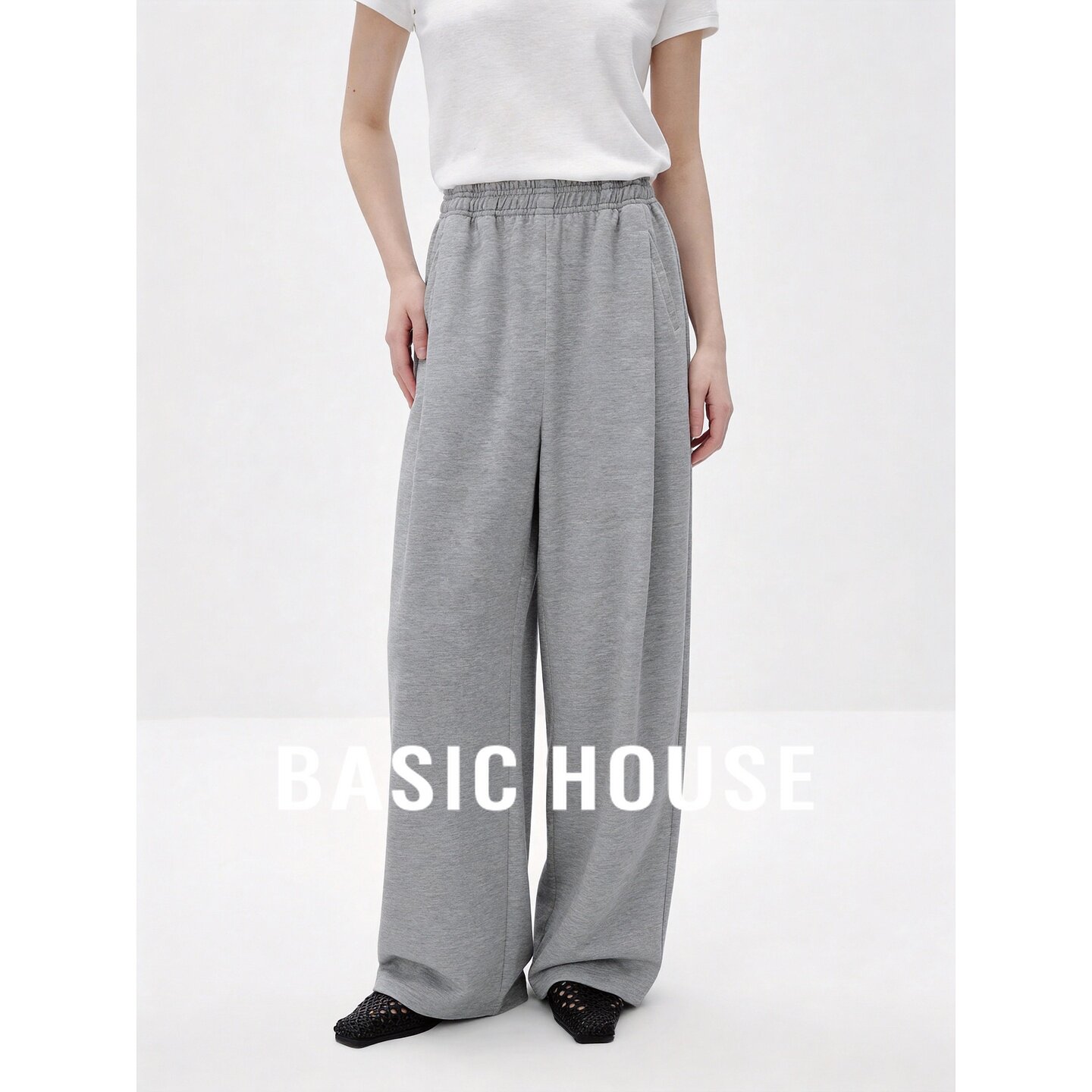 Basic House/百家好慵懒风灰色阔腿裤女高腰舒适直筒休闲运动长裤