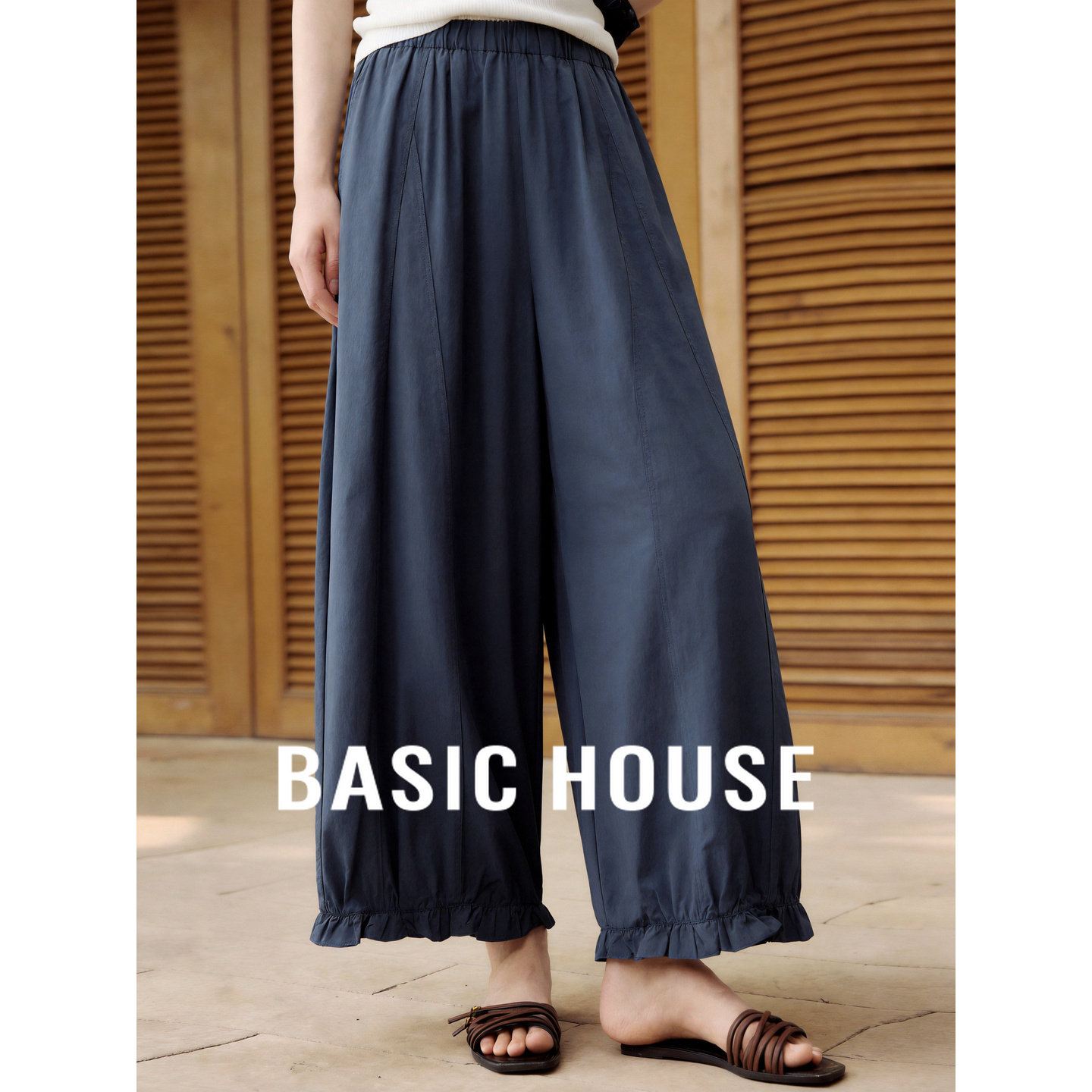 Basic House/百家好文艺复古木耳边阔腿裤女夏季蓝色纯棉休闲长裤