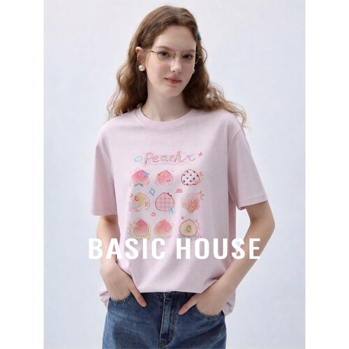 Basic House/百家好粉色圆领短袖印花T恤宽松女韩版通勤秋季新款