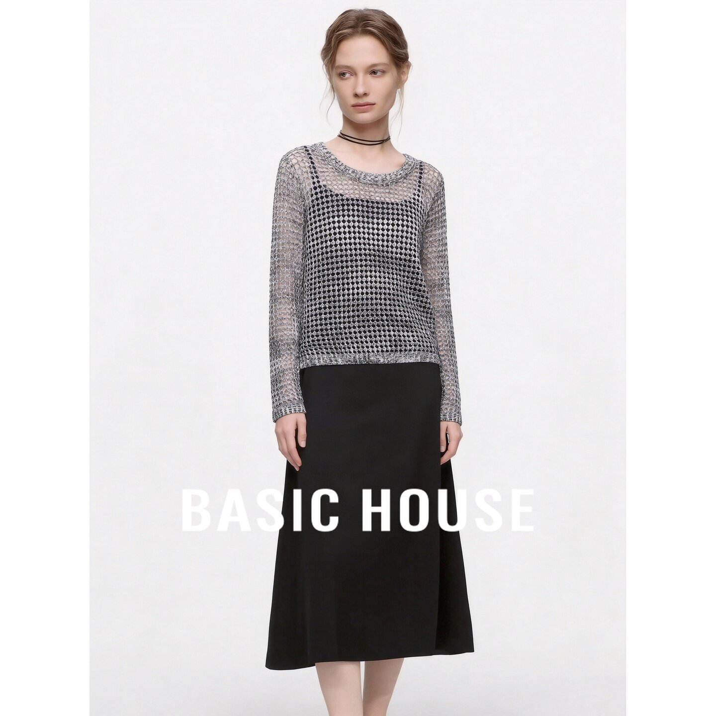 Basic House/百家好高级镂空针织衫女灰色套头长袖慵懒风时尚套装
