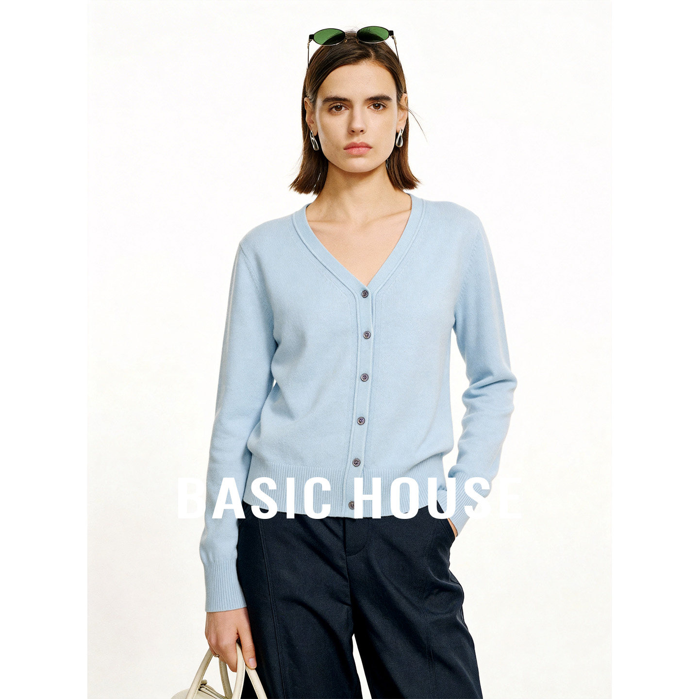 Basic House/百家好浅蓝色V领简约基础版针织开衫女夏季百搭外套