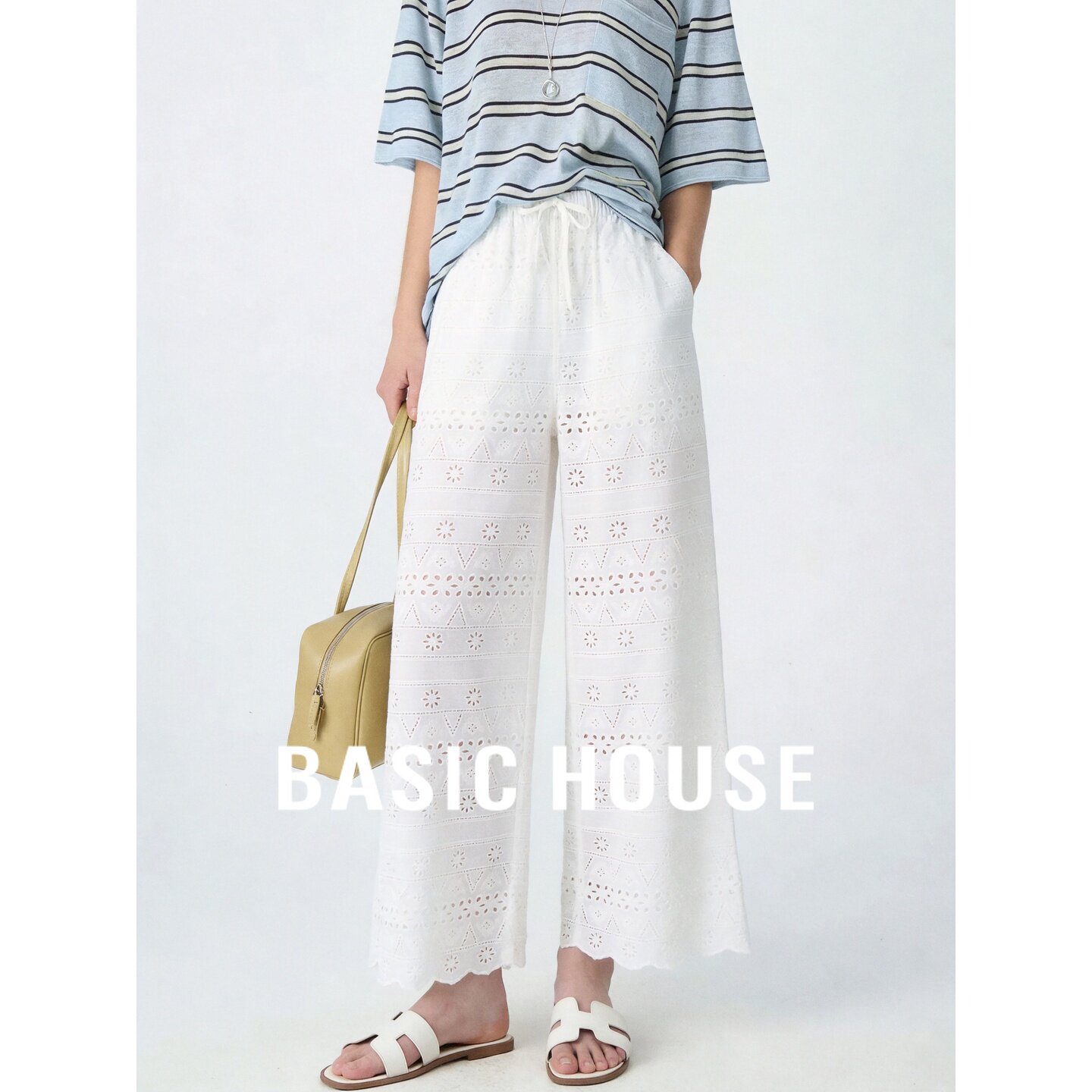 Basic House/百家好新款白色镂空阔腿裤女夏松弛感松紧腰九分裤