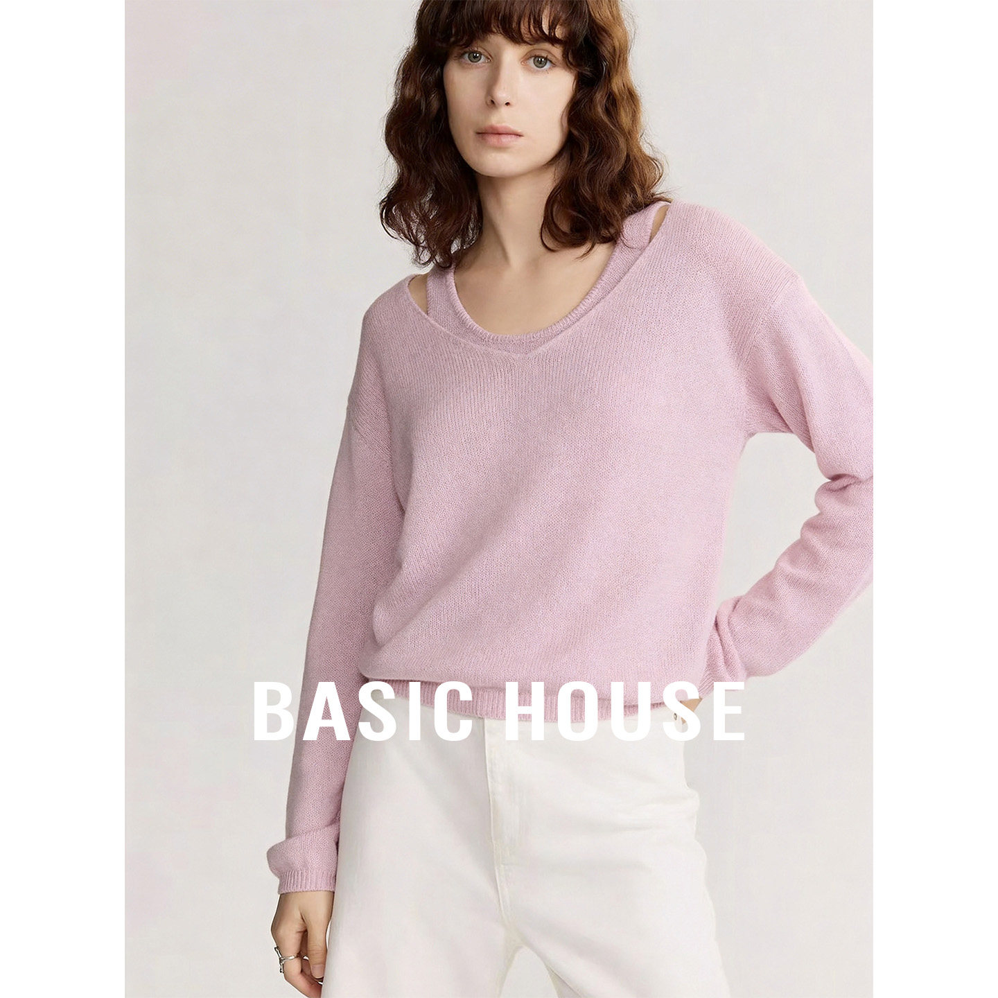 Basic House/百家好粉色V领针织衫套装女夏舒适背心宽松透气罩衫