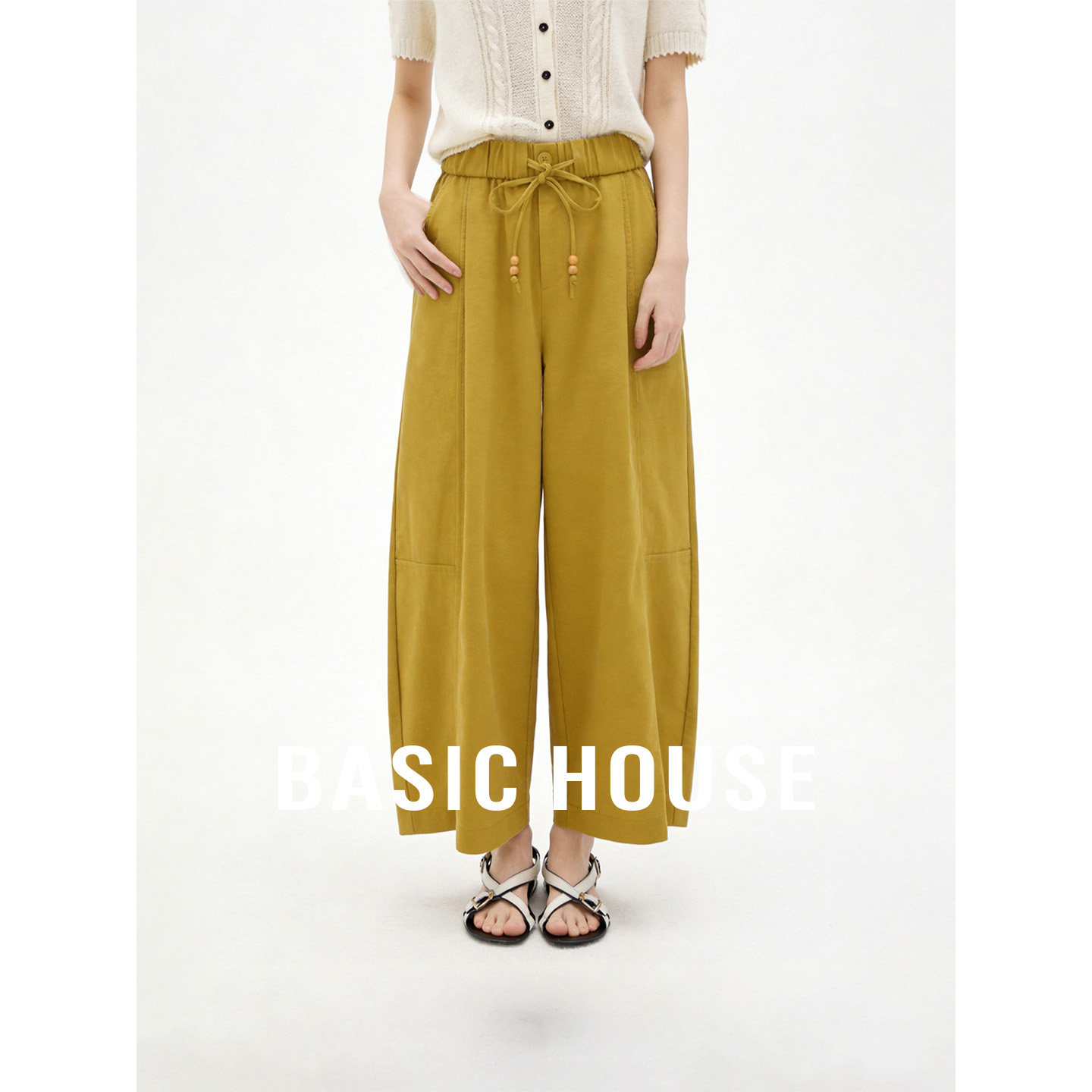 Basic House/百家好2026夏季黄色遮肉直筒阔腿裤女舒适休闲九分裤
