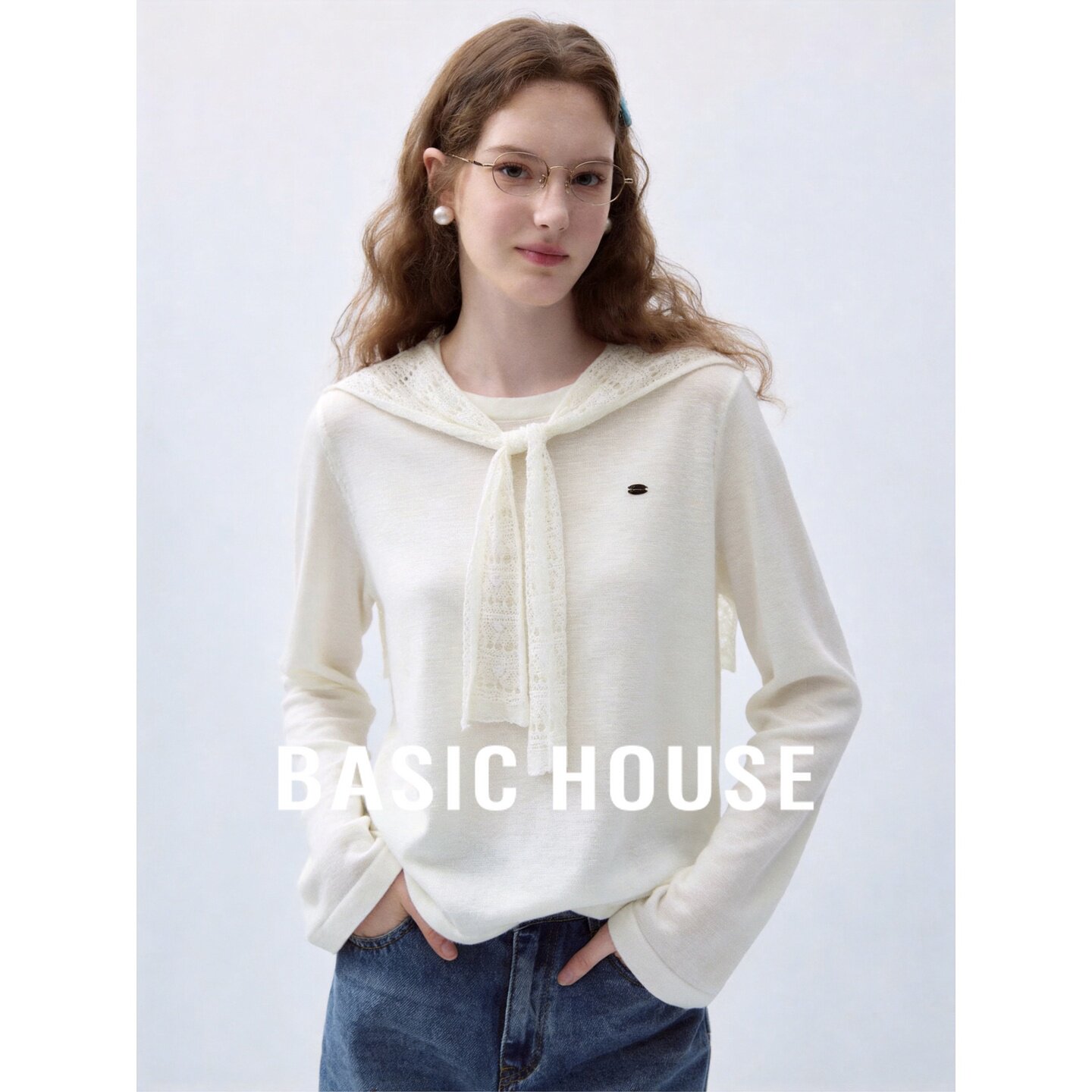 Basic House/百家好设计感披肩套头长袖针织衫女柔软日常百搭减龄