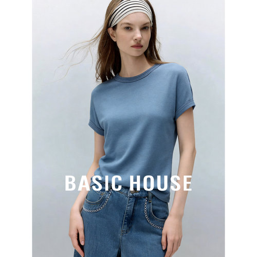 Basic House/百家好莱赛尔冰爽短袖T恤女夏季弹力显瘦上衣小个子