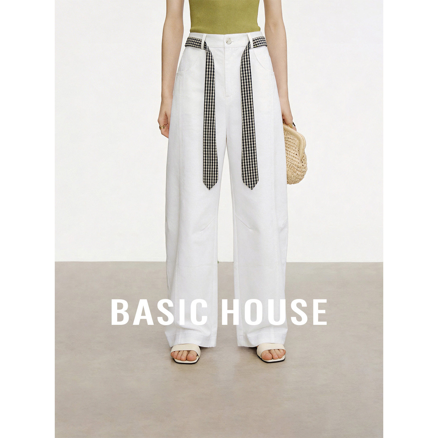 Basic House/百家好高腰撞色格子系带休闲裤女夏新款百搭直筒长裤
