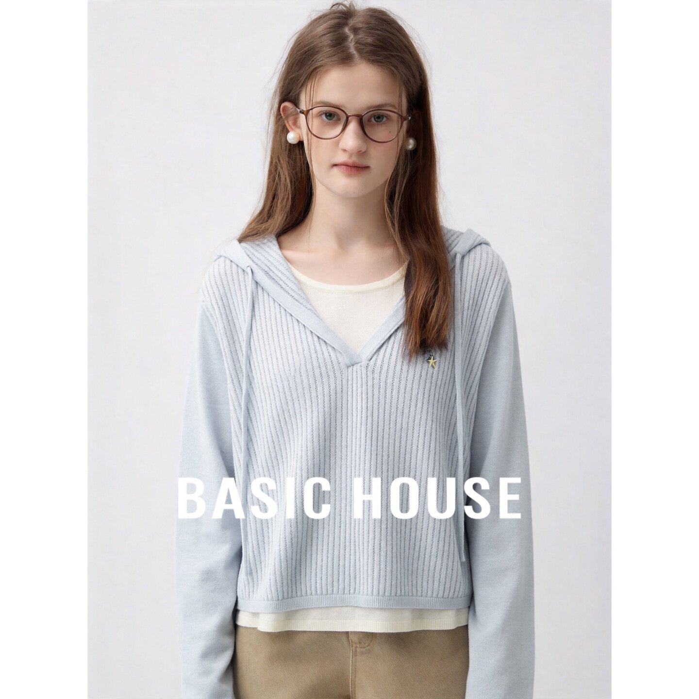 Basic House/百家好韩系连帽V领针织衫女蓝色长袖毛衣秋穿搭上衣