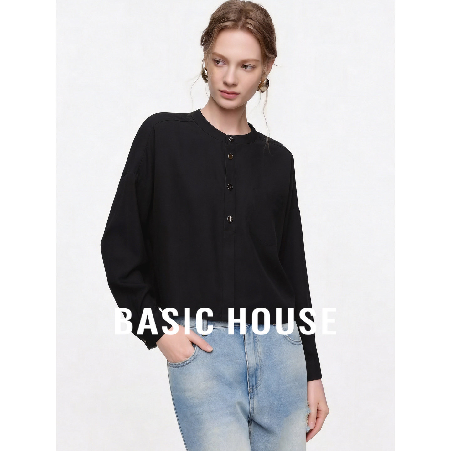Basic House/百家好法式黑色亚麻长袖衬衫女百搭显瘦松弛感衬衫