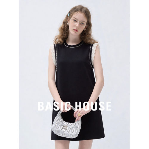 BasicHouse百家好亚麻无袖圆领显瘦连衣裙女夏蕾丝拼接宽松小黑裙