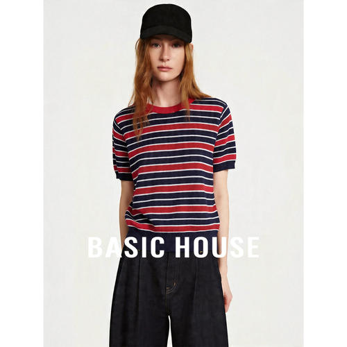 Basic House/百家好2026夏季新款含棉舒适松弛感透气短袖针织衫女