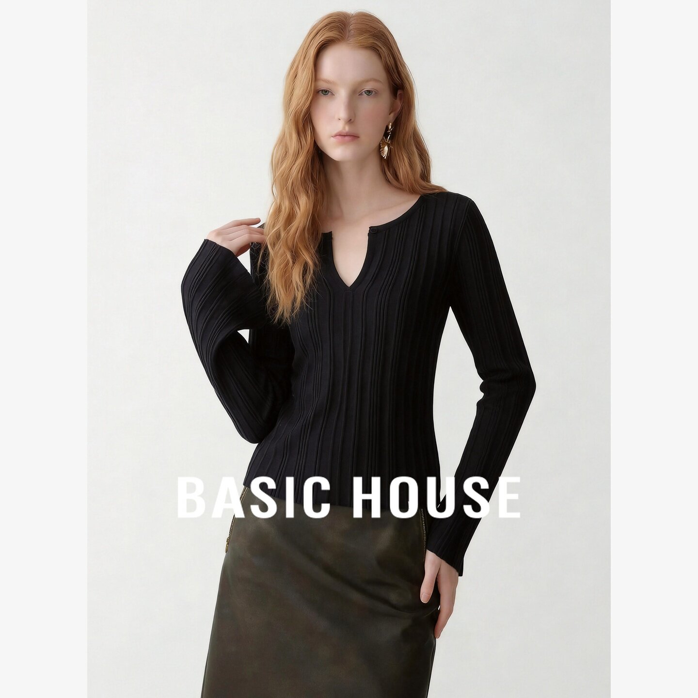 Basic House/百家好轻熟风坑条针织衫女修身显瘦气质百搭精致上衣