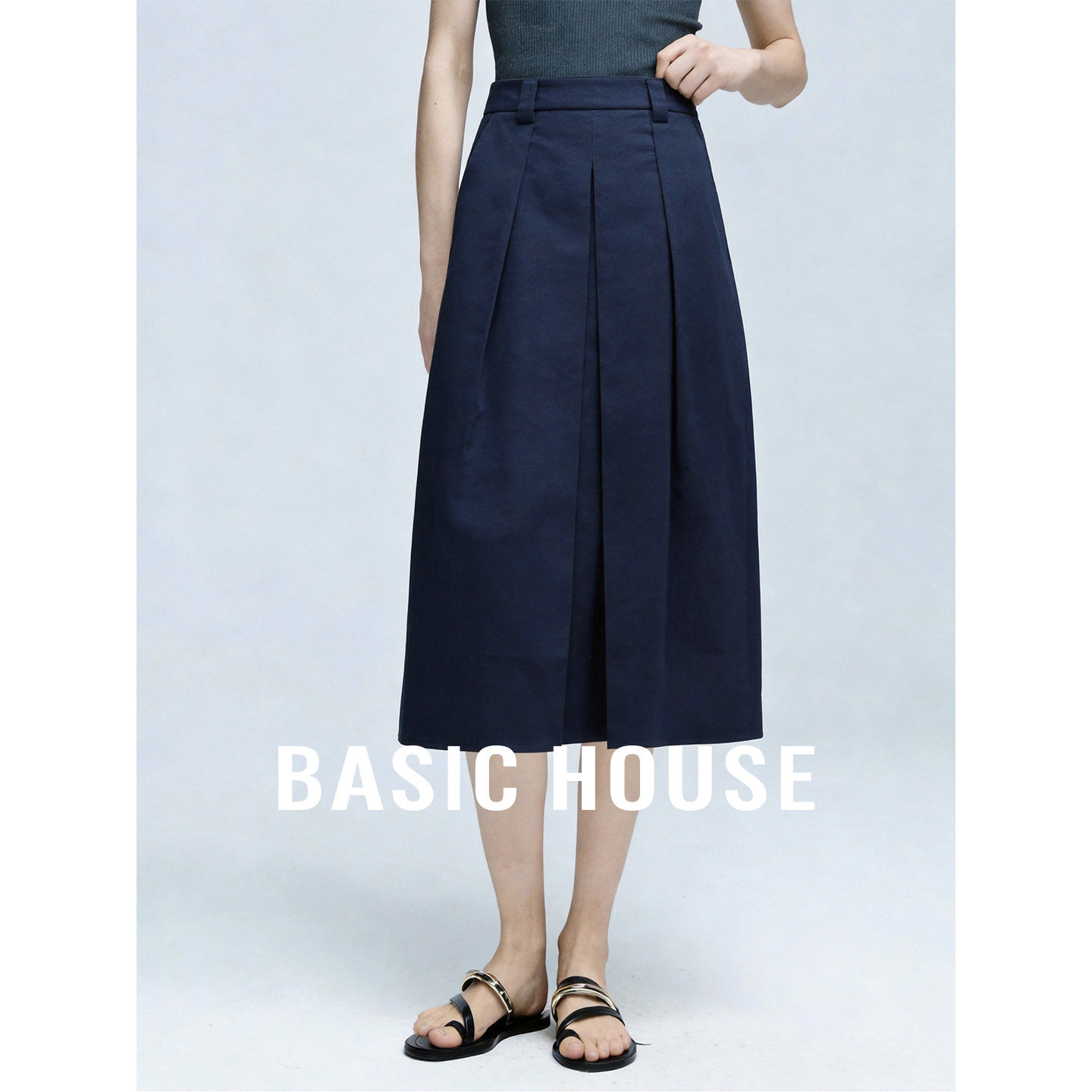 Basic House/百家好高腰纯色A字半身裙女夏季褶皱宽松中长款裙子
