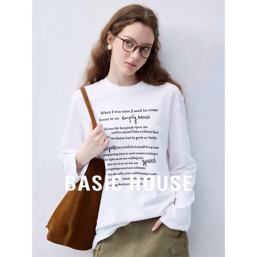 Basic House/百家好白色字母长袖女百搭显瘦宽松圆领休闲薄款防晒