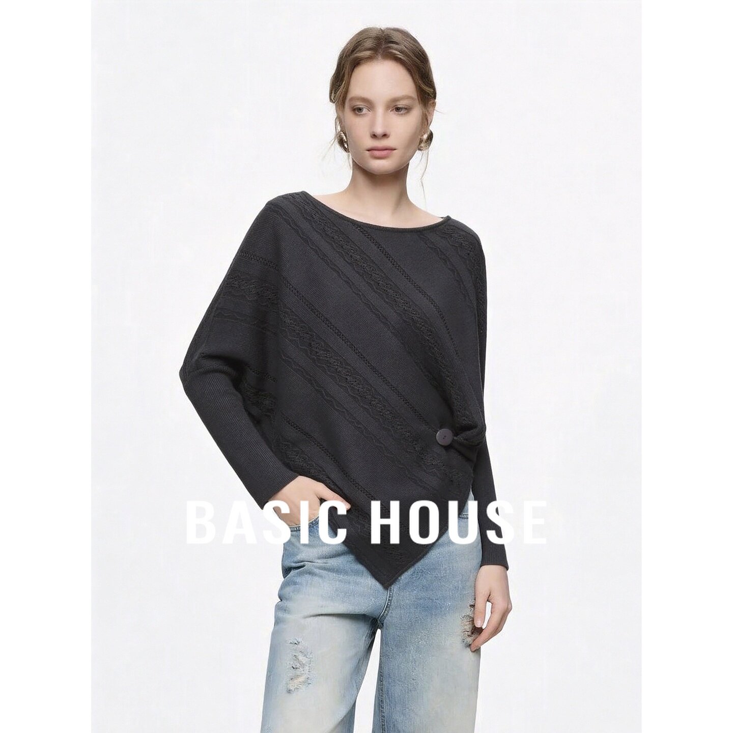 Basic House/百家好黑色不规则纽扣收腰长袖针织衫女轻熟穿搭上衣