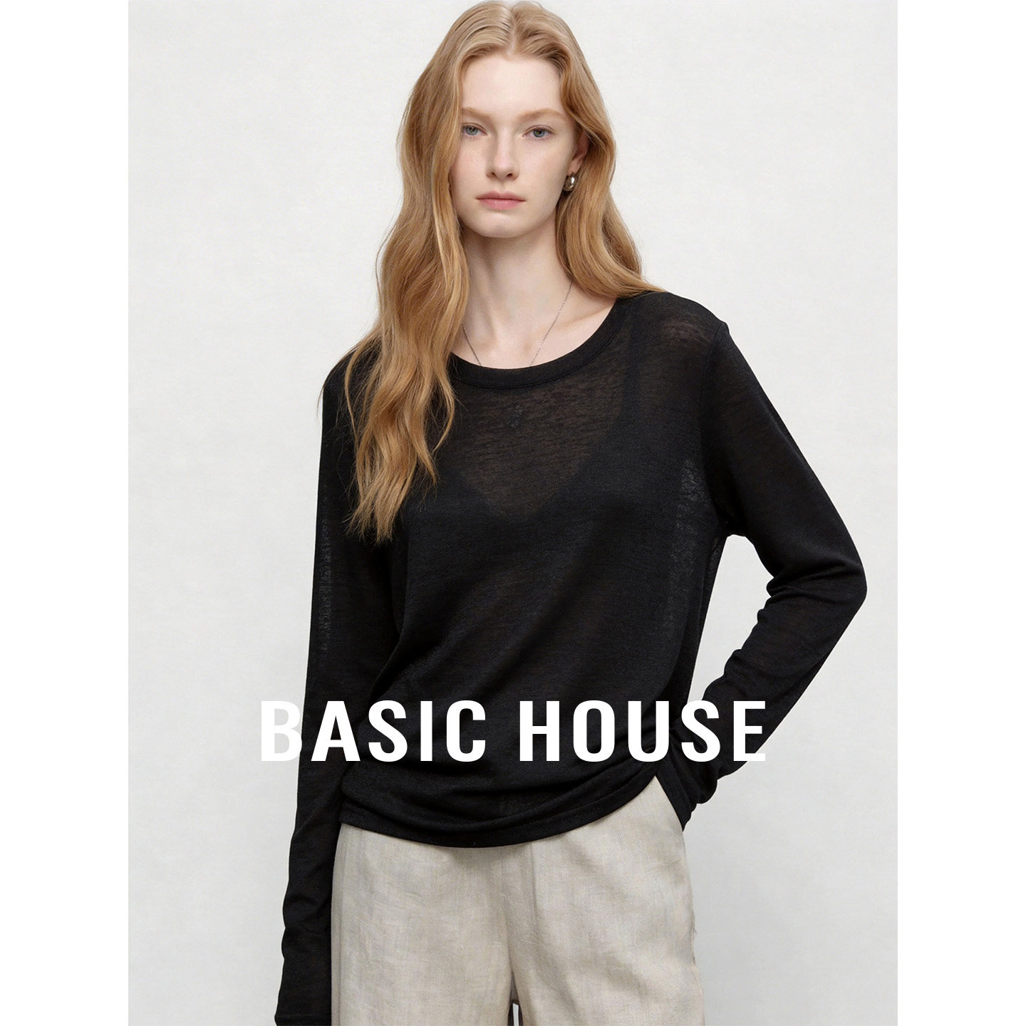 Basic House百家好黑色圆领长袖T恤女夏百搭透气防晒罩衫薄纱上衣