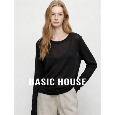 Basic House百家好黑色圆领长袖T恤女夏百搭透气防晒罩衫薄纱上衣