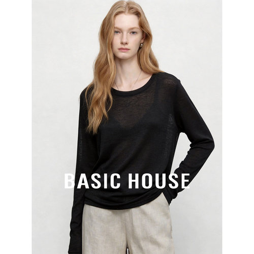 Basic House百家好黑色圆领长袖T恤女夏百搭透气防晒罩衫薄纱上衣