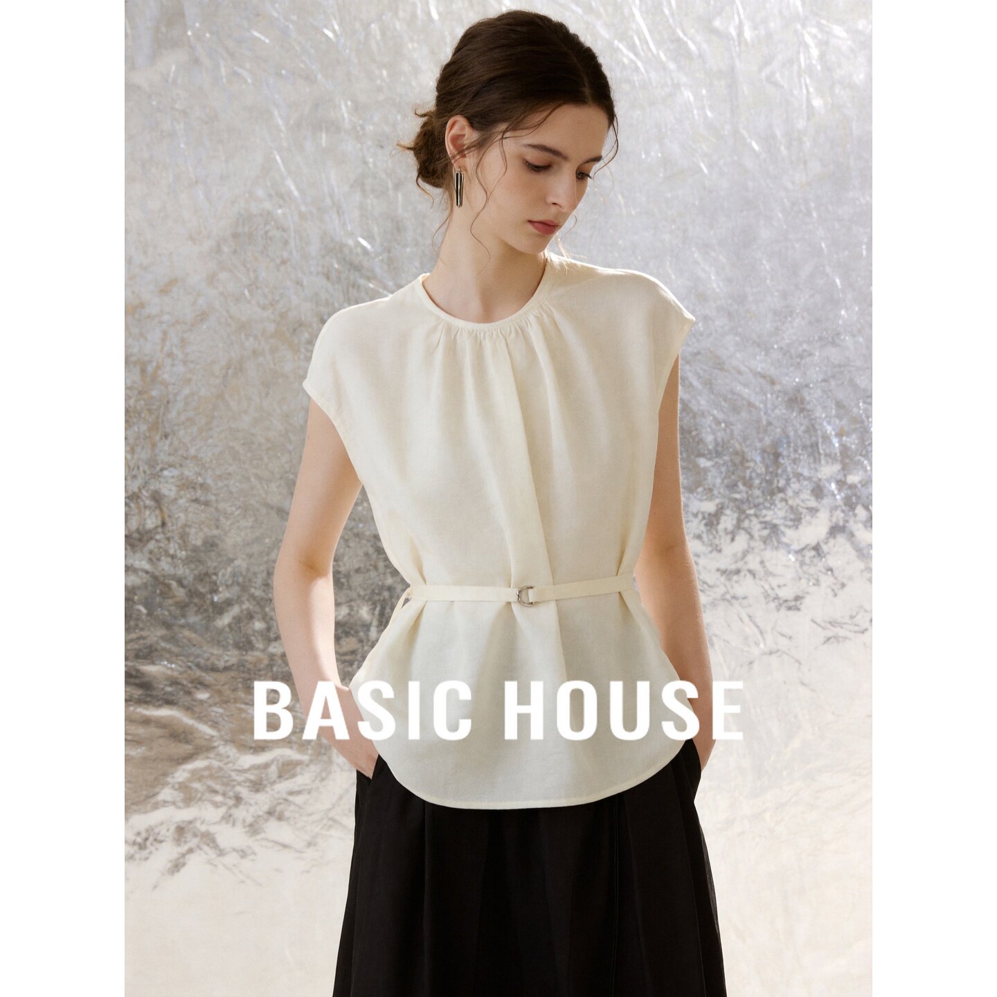 Basic House/百家好白色圆领优雅短袖衬衫女2026夏季收腰显瘦上衣