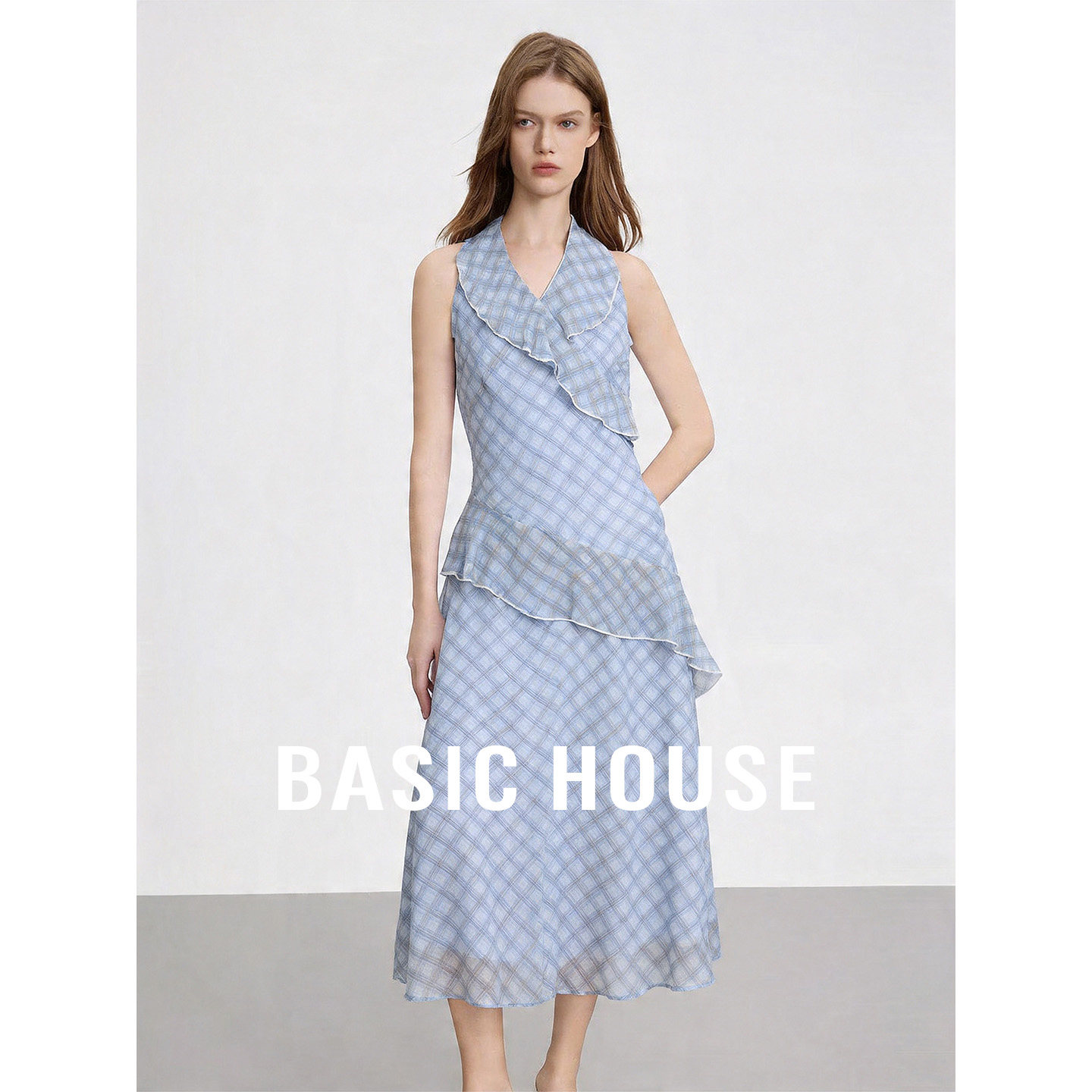 Basic House/百家好26夏蓝色格子设计感超好看舒适中长款连衣裙女