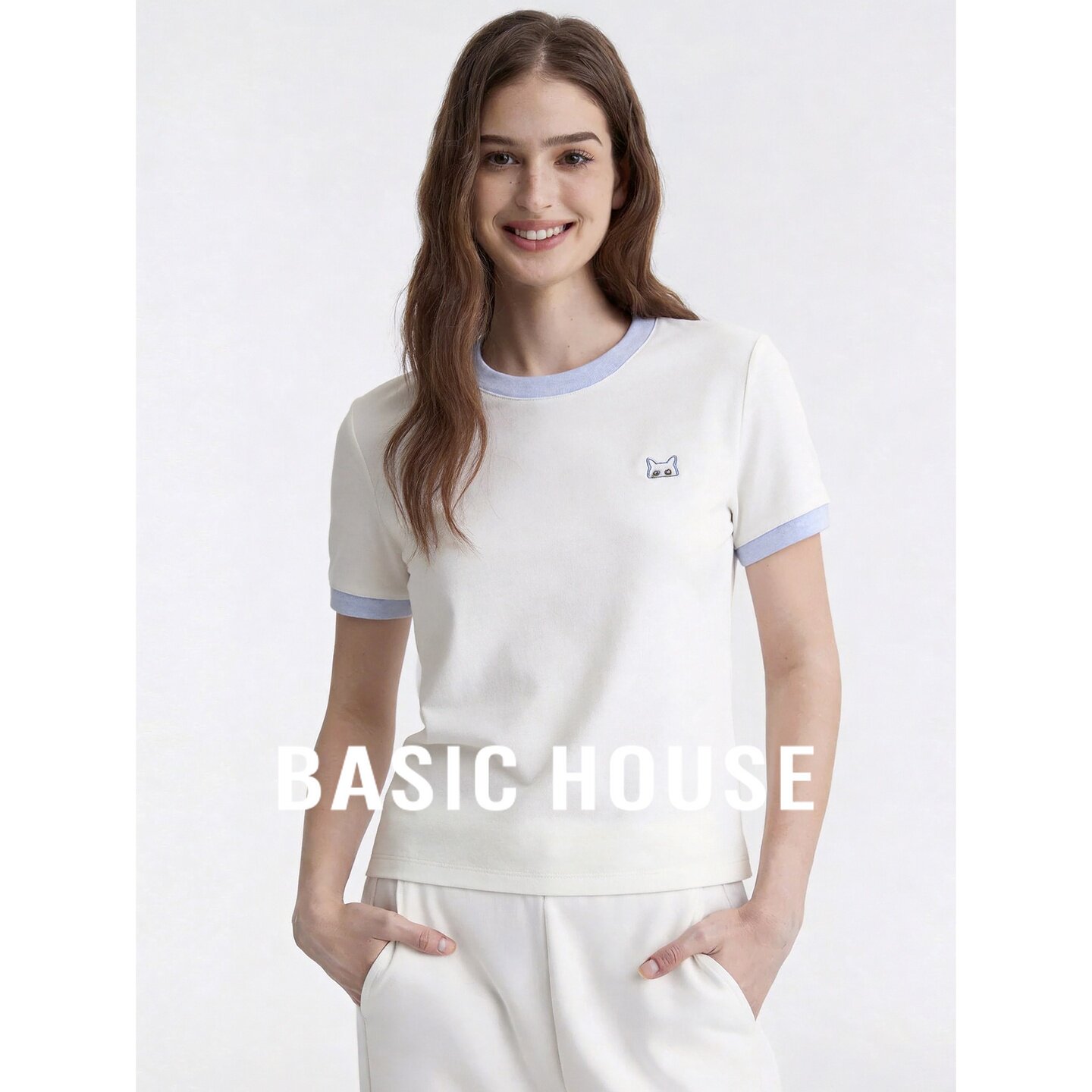 Basic House/百家好圆领撞色T恤女2026夏季白色清新简约短袖上衣