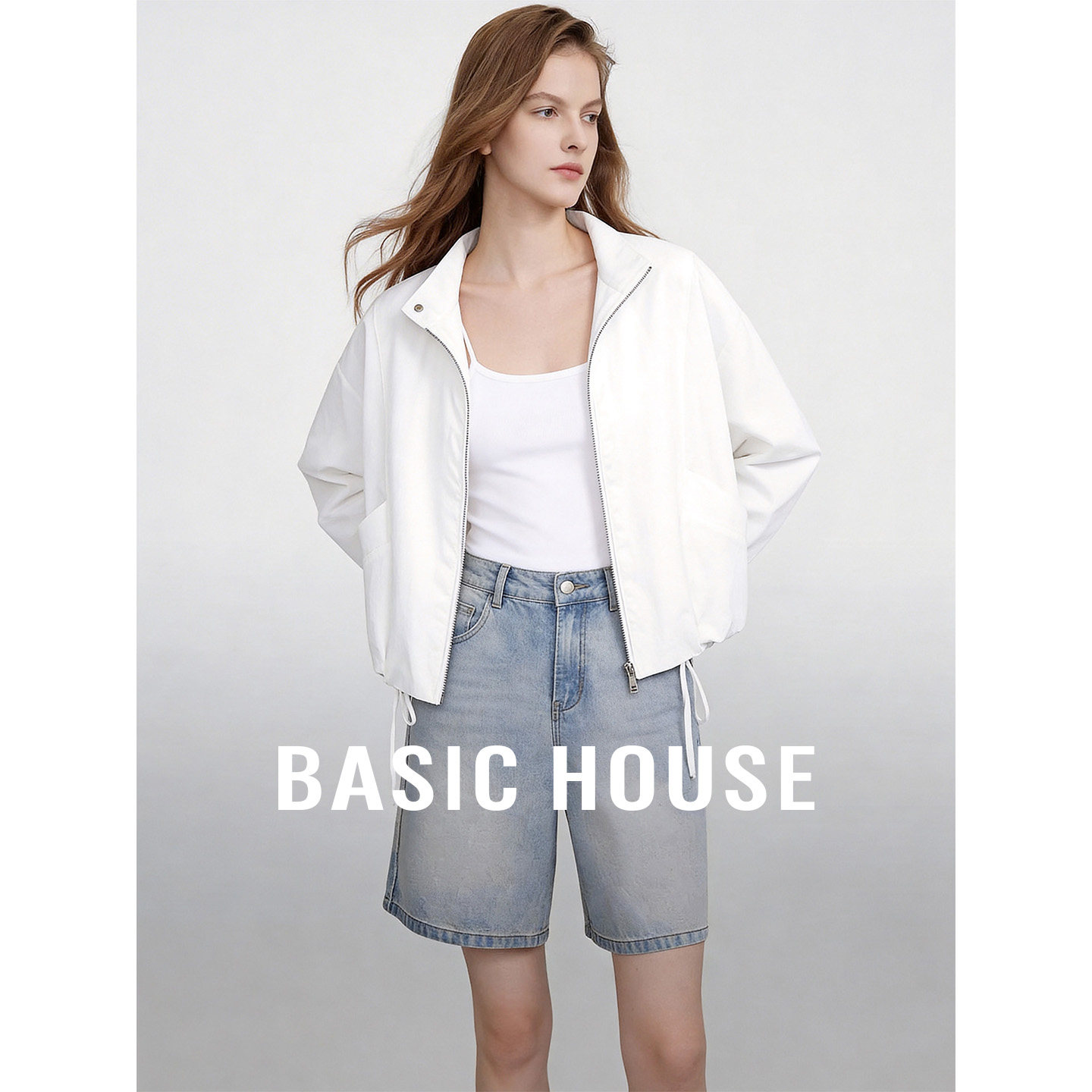 Basic House/百家好白色立领短款外套夏季简约风亚麻长袖外搭上衣