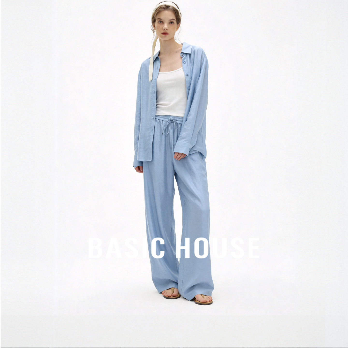 Basic House/百家好蓝色宽松休闲套装女秋季新款慵懒风显瘦两件套