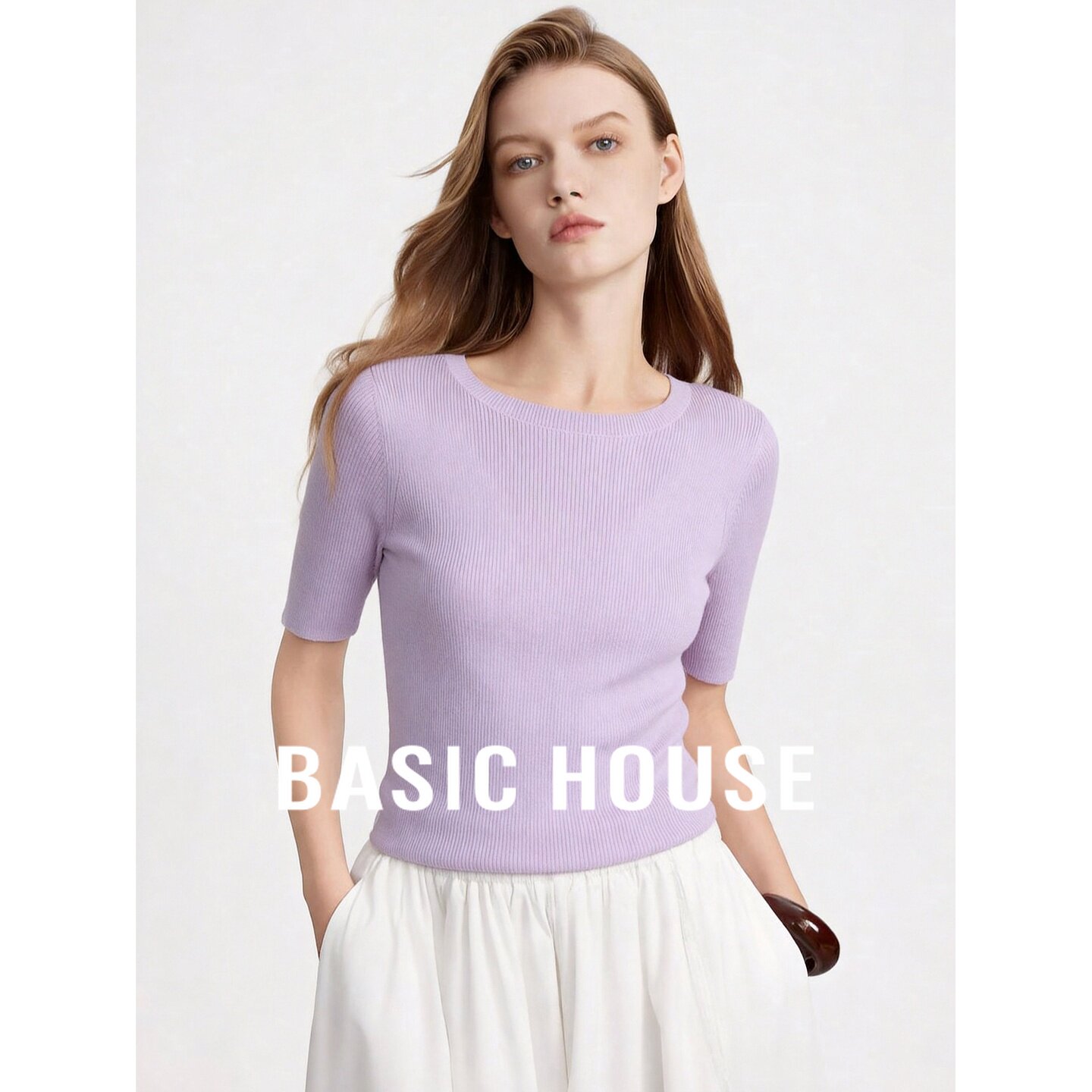Basic House/百家好羊毛针织上衣圆领五分袖修身女极简淡紫色夏季