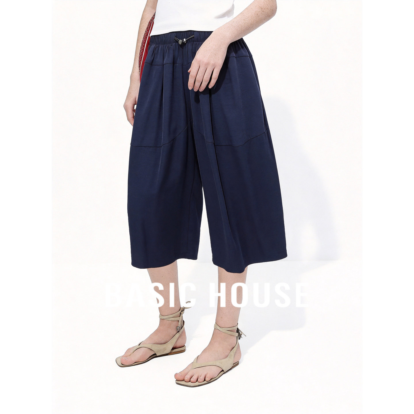 Basic House/百家好休闲通勤阔腿裤女夏季薄款松紧腰藏蓝色八分裤